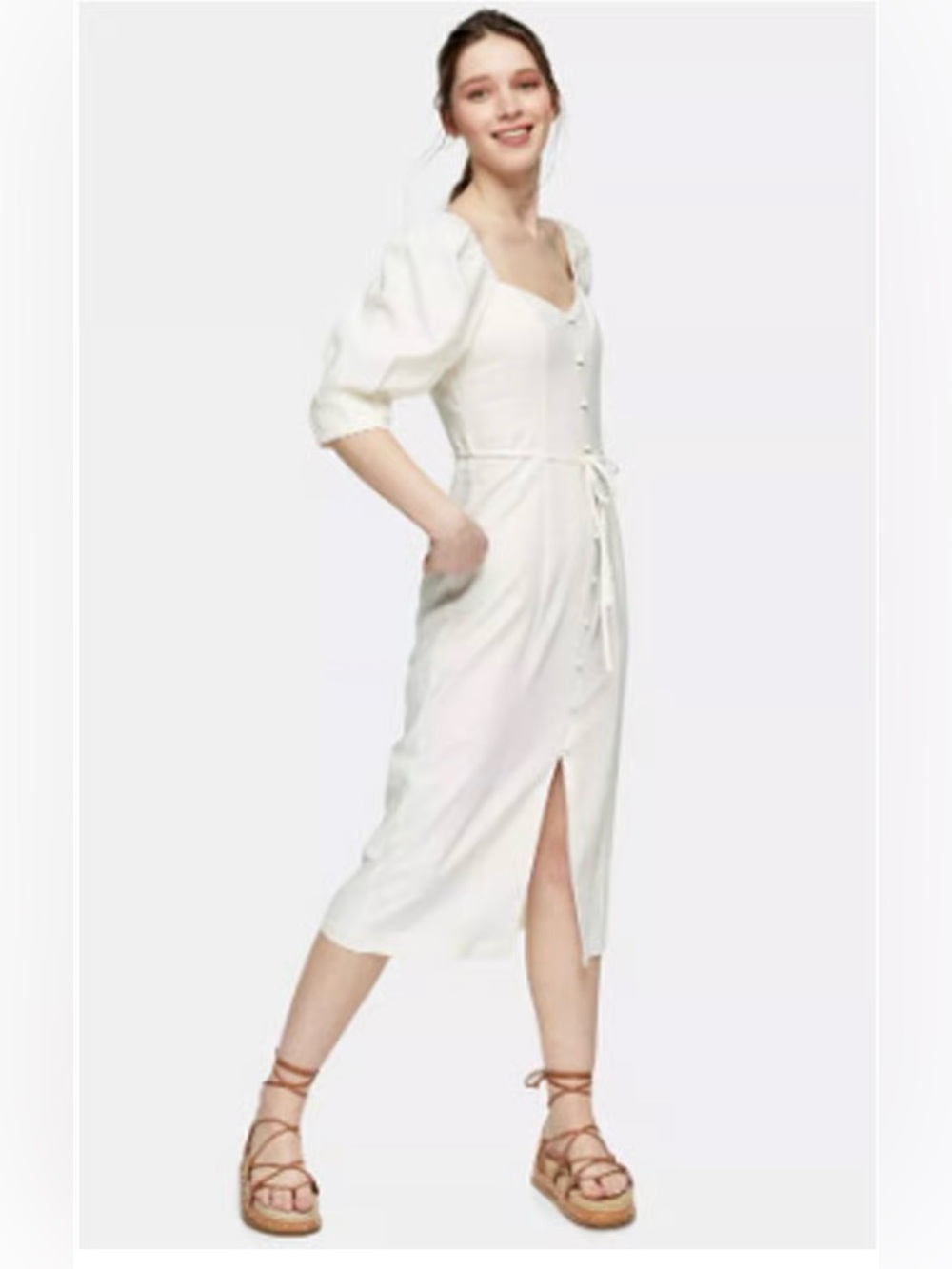 Top Shop White Button-Front Midi Dress with Tie Waist